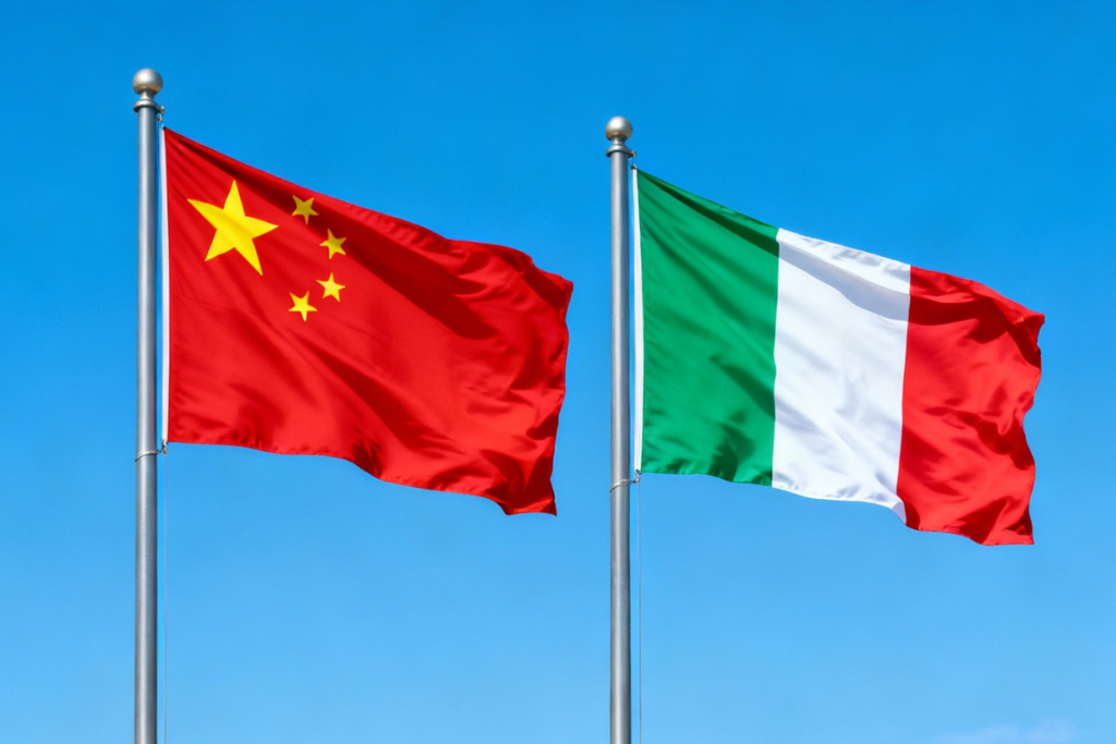 China and Italy's flags on their respective poles