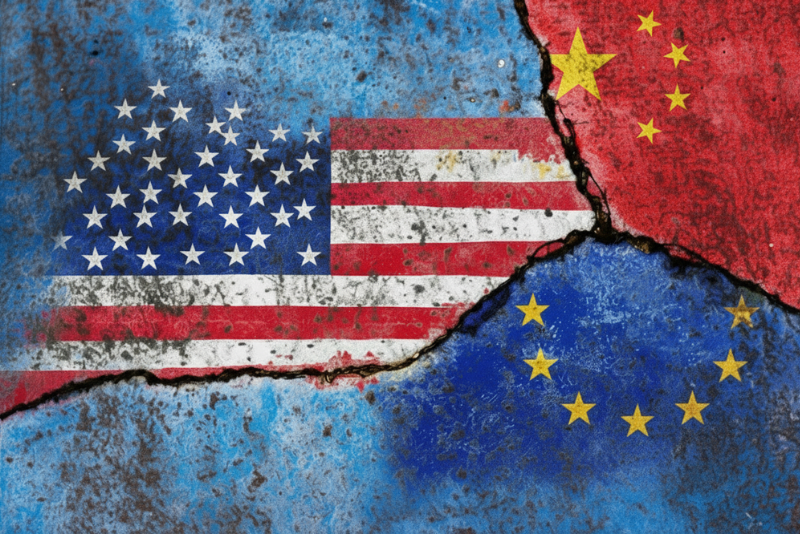 The American, EU, and Chines flags on a cracked stone, with the cracks separating them
